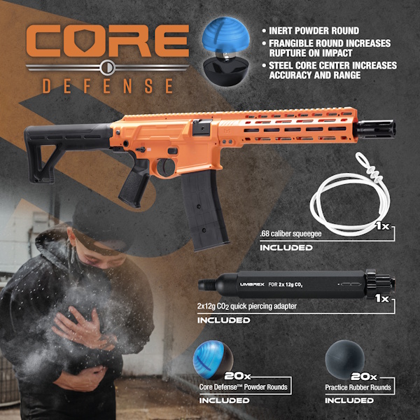 Diagram showing Defensor 68 pepper powder dispersal and less-lethal impact characteristics
